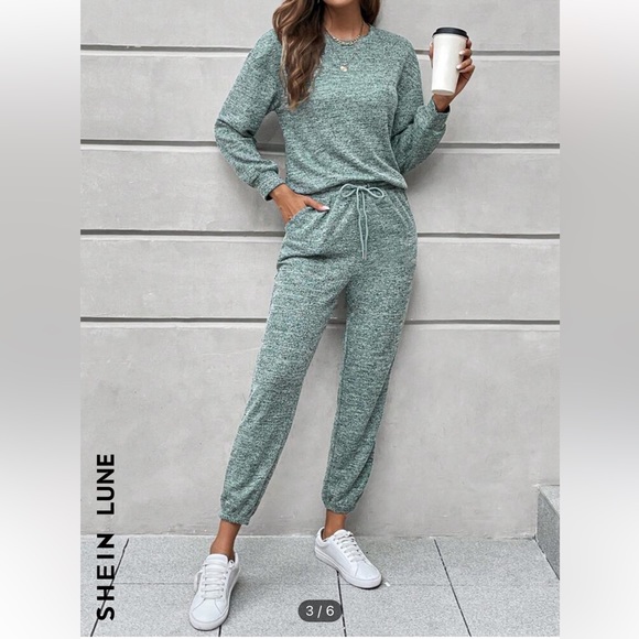 SHEIN Pants - SHEIN LUNE Marled Knit Drop Shoulder Sweatshirt & Sweatpants green medium